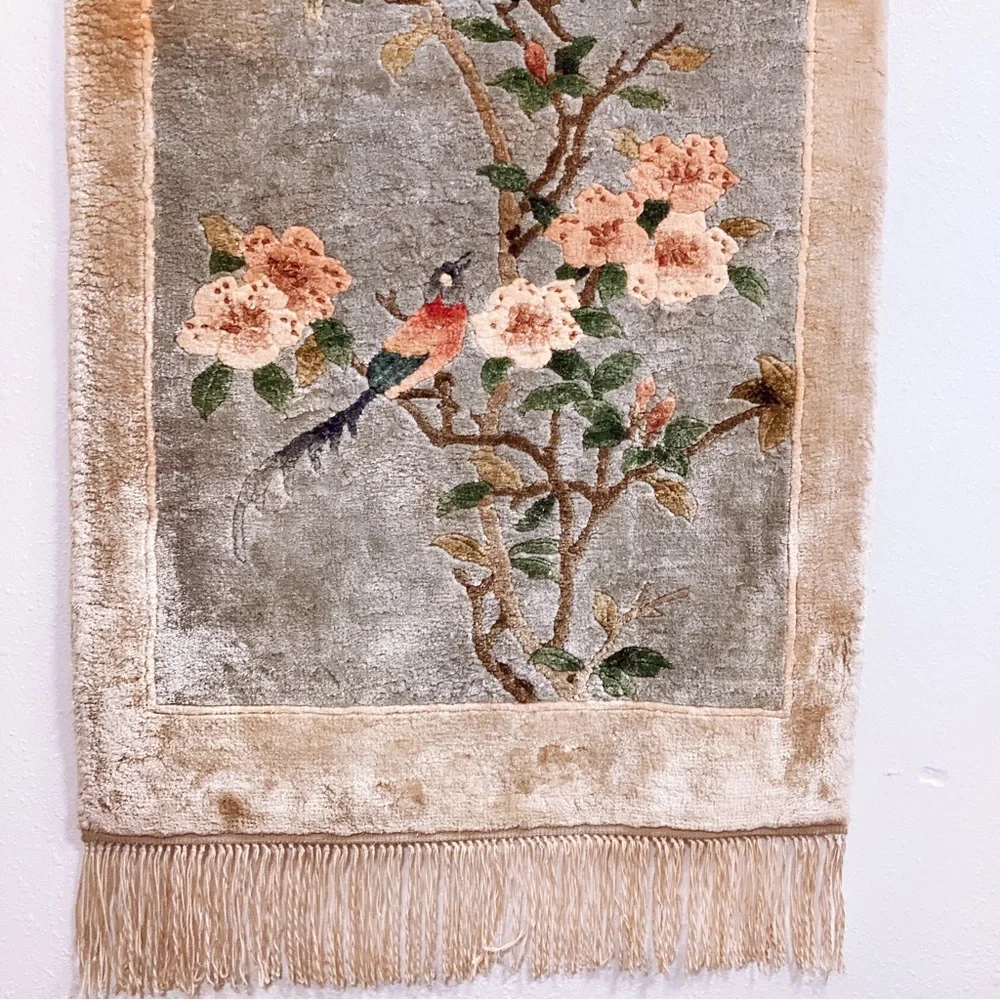 Chinoiserie Hand Knotted Silk Wall Hanging Rug Tapestry Apple Tree Blossoms Bird